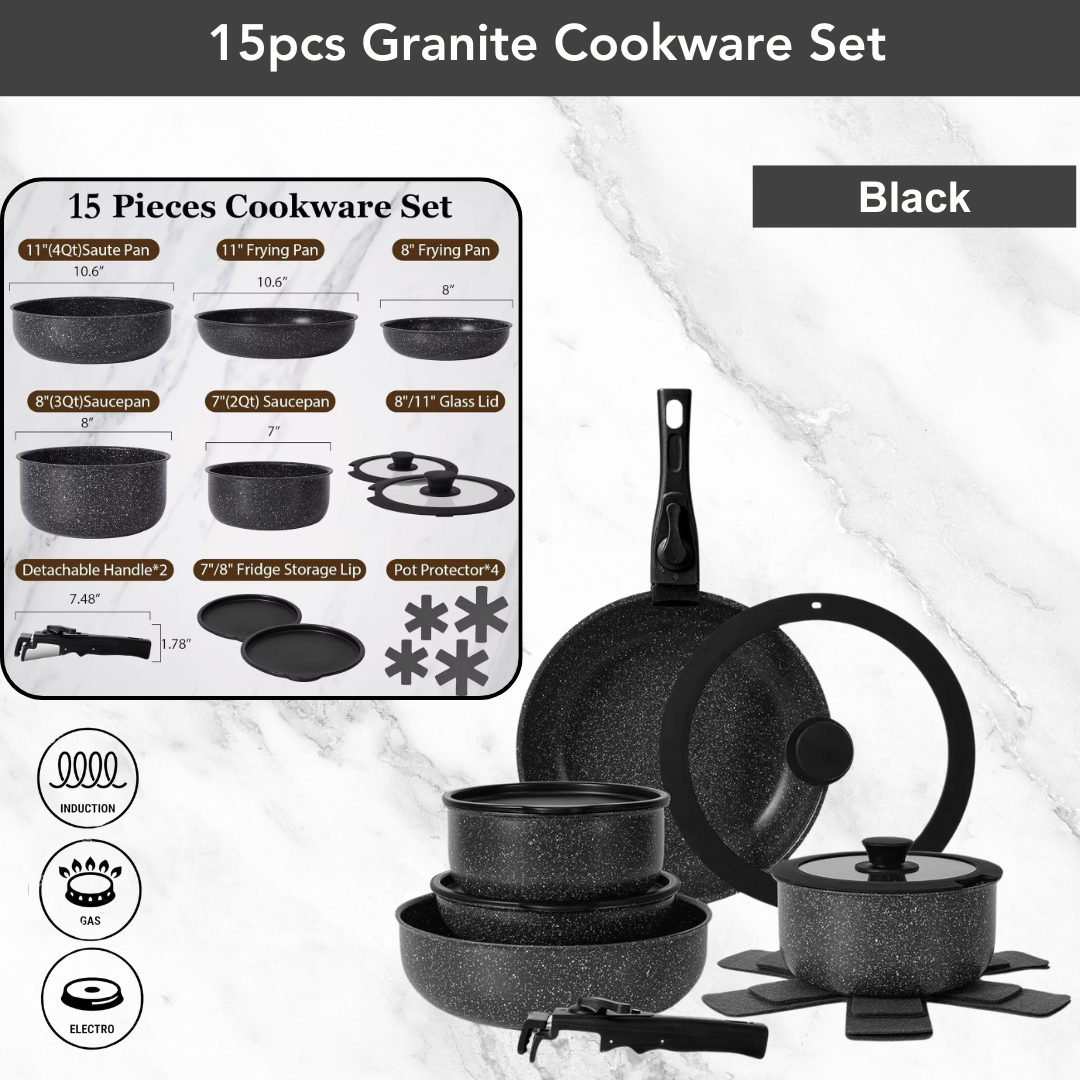 15pcs Granite Cookware Set with Detachable Handle
