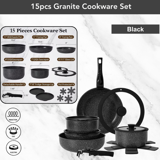15pcs Granite Cookware Set with Detachable Handle