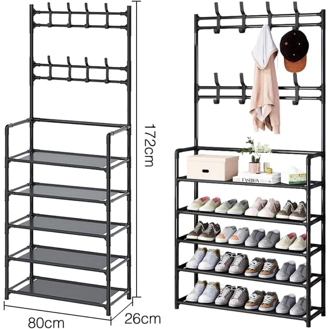 5 tiers Black Lightweight Metal Shoe Organizer With Hat Bag Hanger Racks