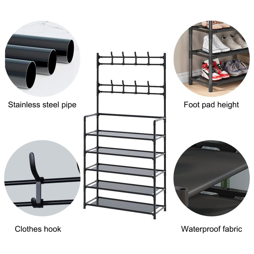 5 tiers Black Lightweight Metal Shoe Organizer With Hat Bag Hanger Racks