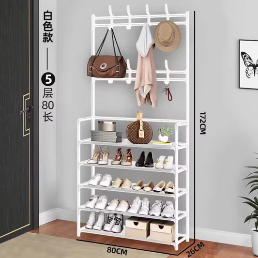 5 tiers White Lightweight Metal Shoe Organizer With Hat Bag Hanger Racks